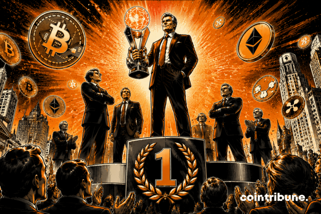 A leader dominates a prestigious podium surrounded by major crypto players, symbolizing institutional recognition of the sector.