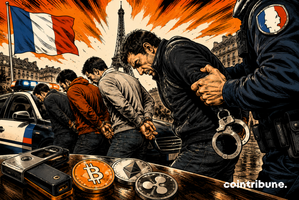Illustration representing a police operation in France linked to crypto crime. Several suspects are arrested and handcuffed by the police in a Parisian setting dominated by the Eiffel Tower and the French flag. In the foreground are a hardware wallet-style USB key as well as coins symbolizing Bitcoin, Ether and XRP.