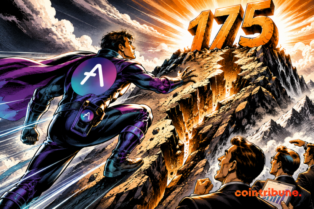 Determined AAVE hero climbing a dangerous mountain around 175, under the confident gaze of investors convinced of a rebound.