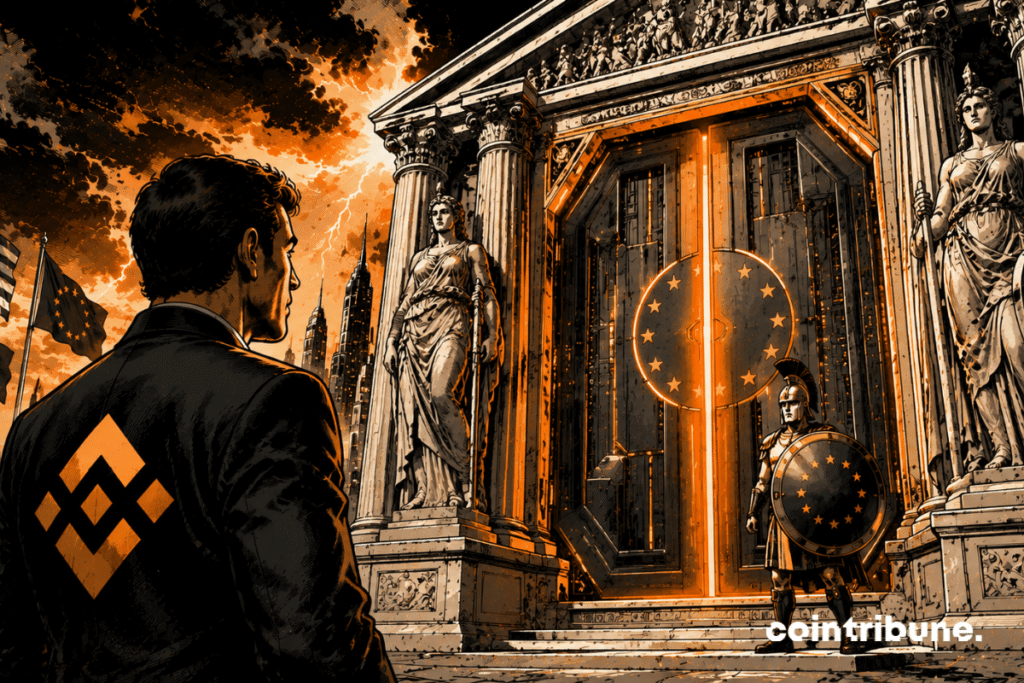 A manager of the Binance crypto exchange is facing a huge door inspired by Greek architecture. She blocks his access to a futuristic European financial city, which symbolizes the potential refusal of the MiCA license to the platform.