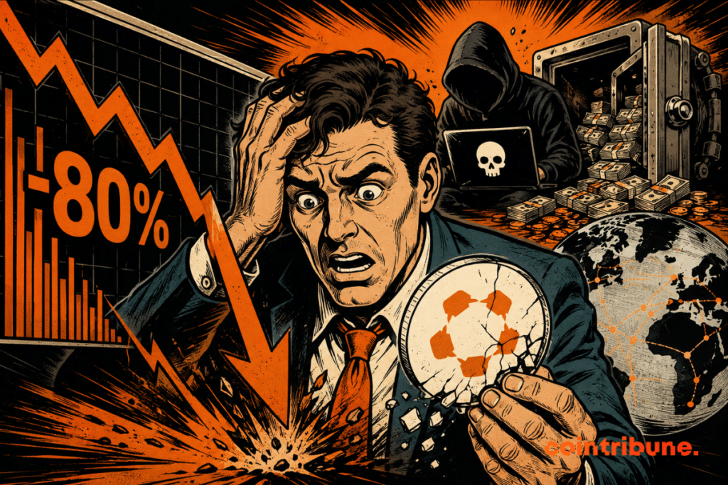 Illustration depicting the collapse of the Humanity Protocol token after a hack. A worried investor watches a chart showing a drop of more than 80%, while a hacker operates in front of a vault full of cash. The image symbolizes the theft of private keys, financial losses and the impact of hacking on the crypto project.