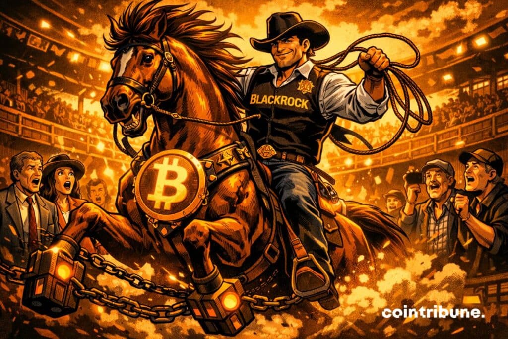 A BlackRock cowboy taming a fiery horse with the Bitcoin logo.