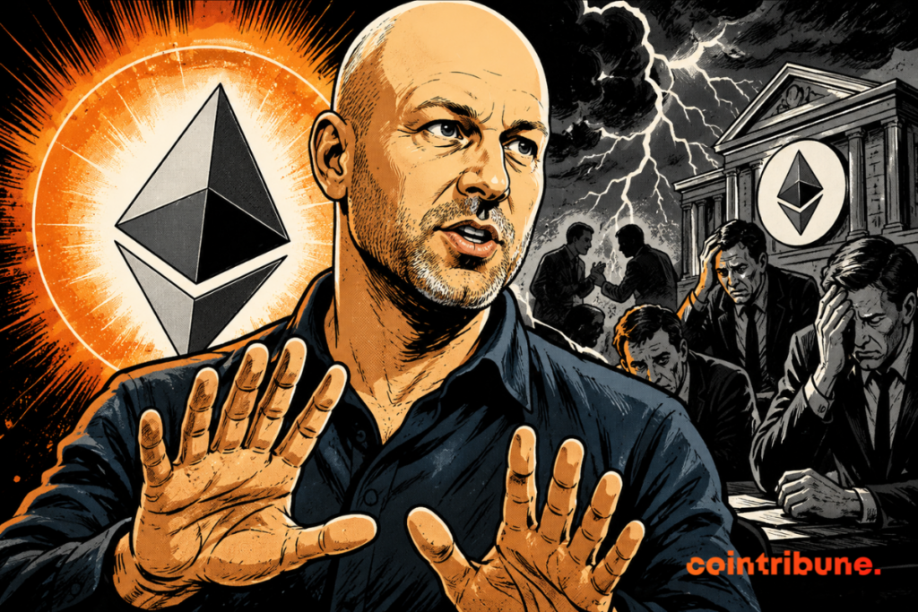 Illustration depicting Joe Lubin in front of the Ethereum logo, while a scene of tensions and debates surrounds an institution linked to the ecosystem. The image symbolizes its desire to reassure the community in the face of criticism aimed at the Ethereum Foundation.