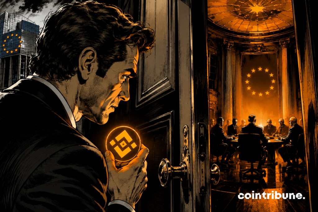 A crypto executive holds the Binance logo. He is motionless in front of a huge door to a half-open European institutional meeting room. Silhouettes of ECB officials around a round table are visible.