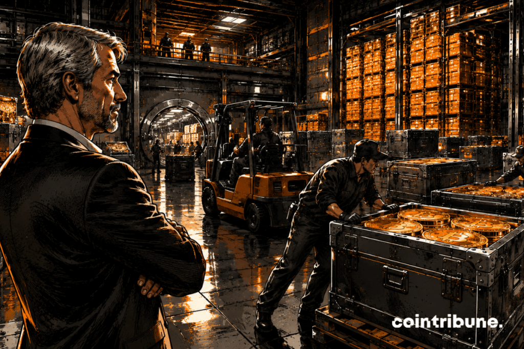 In a gigantic warehouse full of metal chests, Michael Saylor's Strategy operators discreetly move enormous Bitcoin coins.
