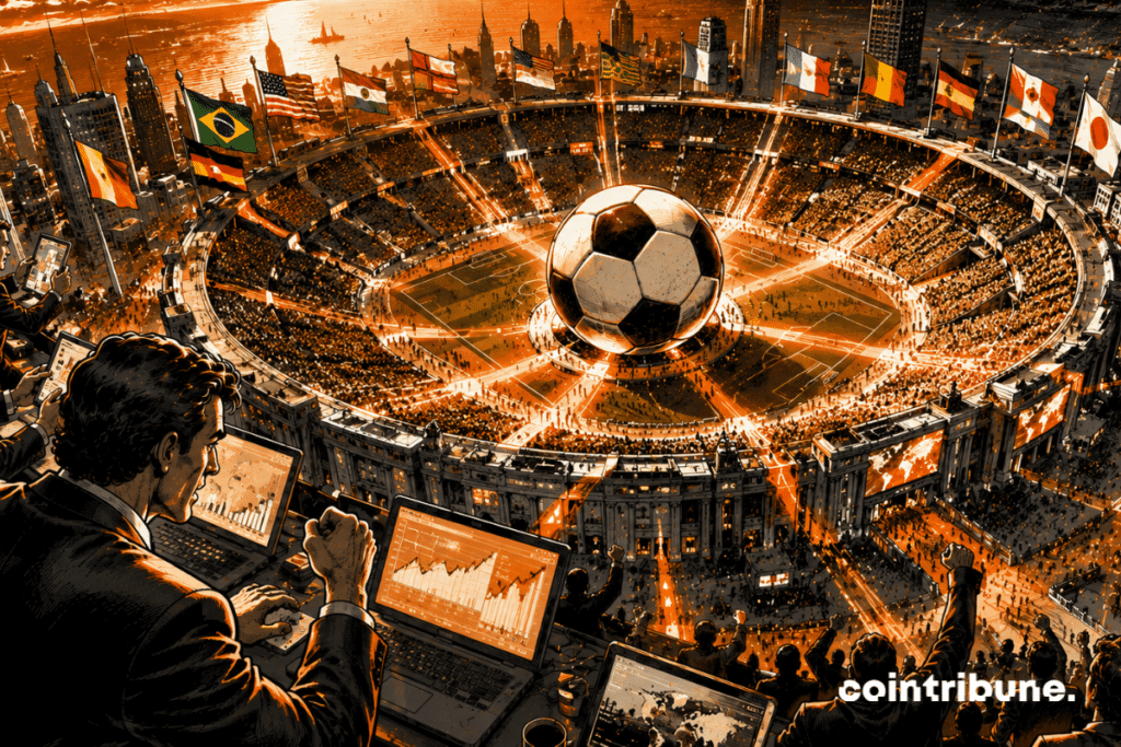 A gigantic stadium merges with a financial center. World Cup supporters and investors converge on center field.