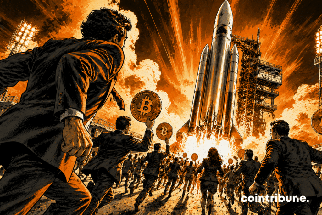 A monumental SpaceX rocket ready for takeoff attracts a huge crowd of investors.