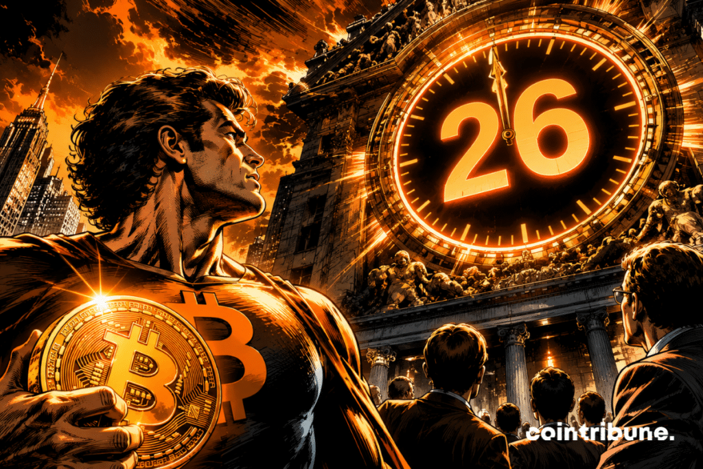 A crypto investor holds a glowing Bitcoin coin. A monumental clock displaying only the number 26.