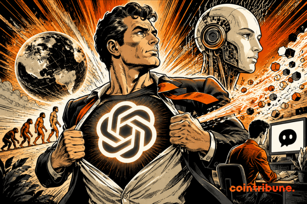 Illustration representing OpenAI and ChatGPT at the heart of the evolution of artificial intelligence, with a character highlighting the OpenAI logo in front of a humanoid robot, symbolizing the transformation of digital tools and the expansion of AI in professional uses.