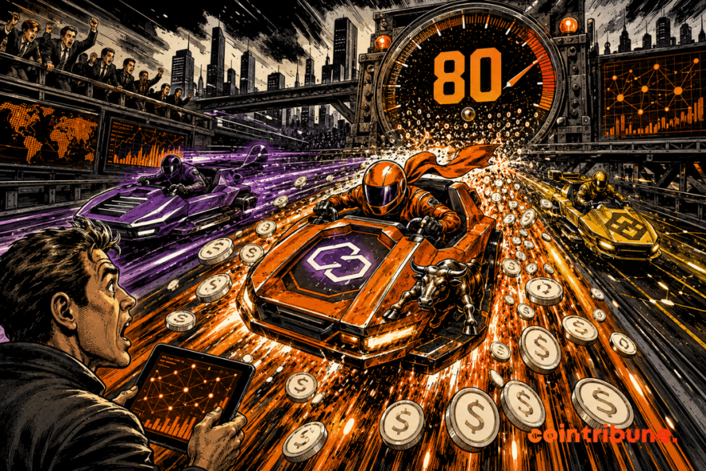 A crypto race shows Polygon in the lead ahead of two competing networks, with a stablecoin counter showing 80.