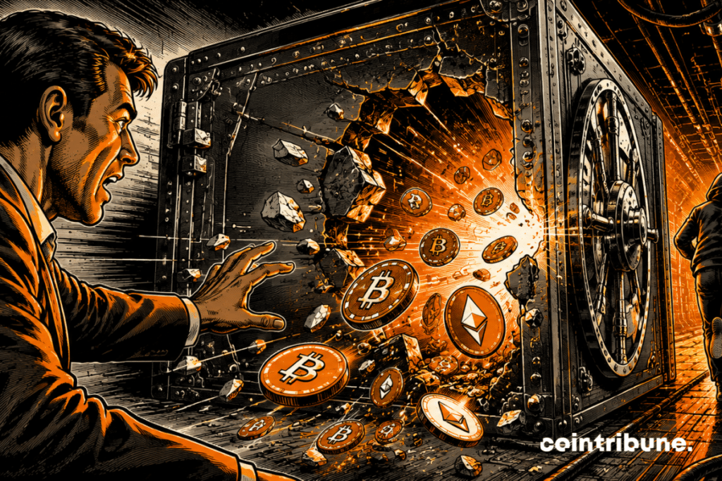 A gutted Polymarket digital vault releases assets while a hacker escapes, illustrating a security breach with serious consequences.