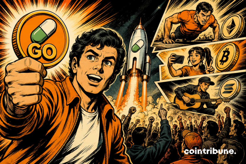 Cartoon style illustration showing Pump.fun's GO launch, with a character holding a GO token in front of a rocket taking off. Several scenes depict paid challenges and cryptocurrency-related symbols, in front of a crowd in the background.