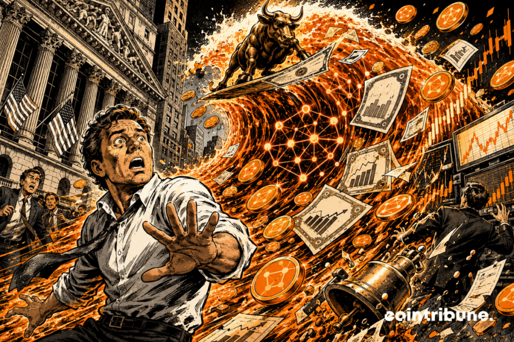 A DEX trader recoils as an orange wave of tokens and tokenized stocks overwhelms Wall Street.
