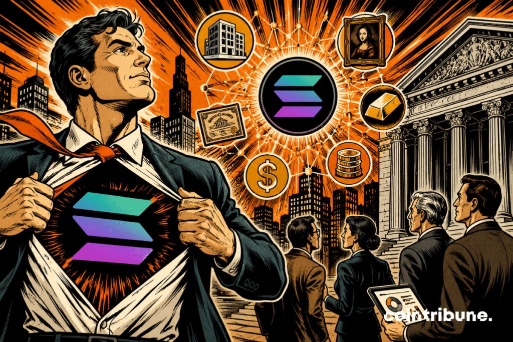 Illustration of Solana at the center of asset tokenization, with a representation of traditional finance, real estate markets and digital assets on a blockchain.