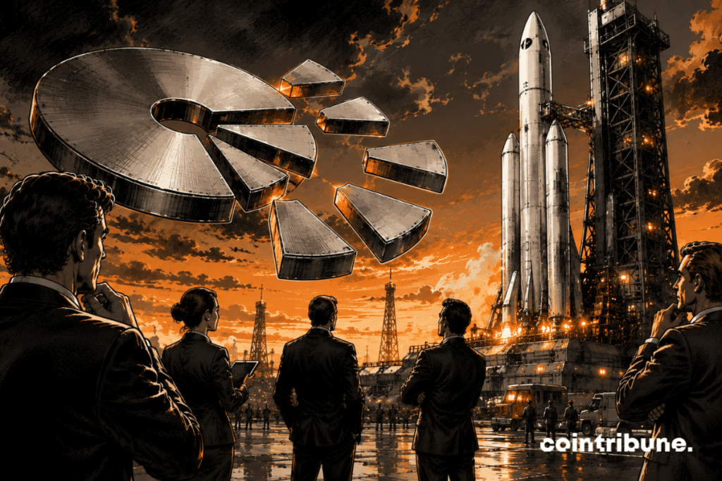 In front of a huge SpaceX rocket, investors observe a circular financial model which fragments into several sections, which symbolizes dilution.