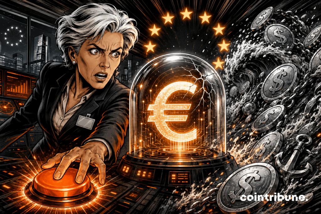Comic book illustration of a central banker pressing an alarm to protect a digital euro under cover, threatened by a wave of stablecoins.