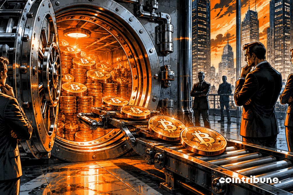 Only a few Bitcoin coins leave the reserve, while the vast majority remain inside a huge industrial vault, symbolizing the sales made by Strategy.