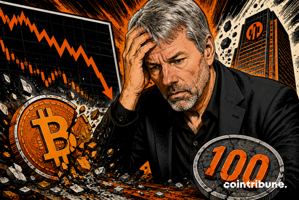Illustration showing Strategy's MSTR stock falling as Bitcoin retreats under pressure from the crypto market.