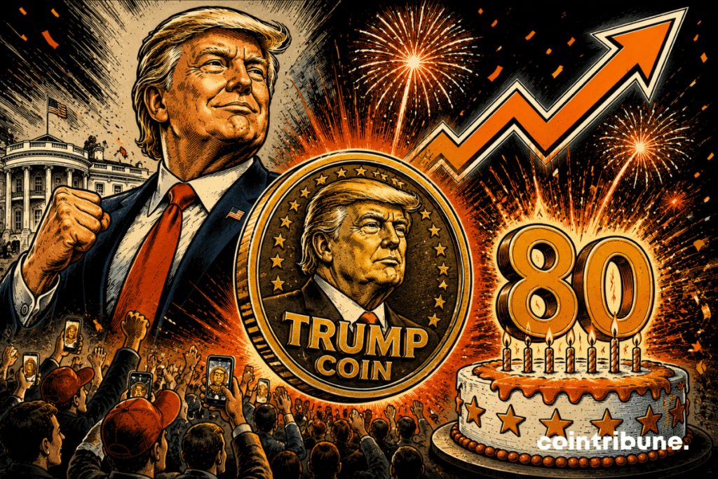 Stylized illustration of Donald Trump associated with a “TRUMP COIN” coin, with a strong rise symbolized by an upward arrow, fireworks and a birthday cake, evoking a speculative surge in the crypto market.