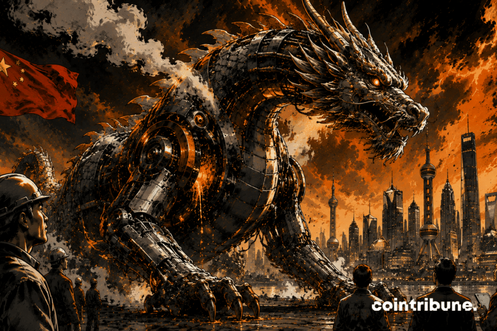 A huge mechanical dragon symbolizing the Chinese economy. He is imposing, but shows signs of fatigue. Sparks and steam escape from his joints.