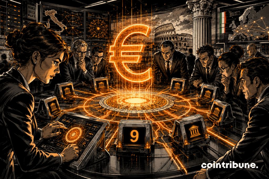 Italian banking laboratory where a glowing digital euro is connected to nine test terminals.