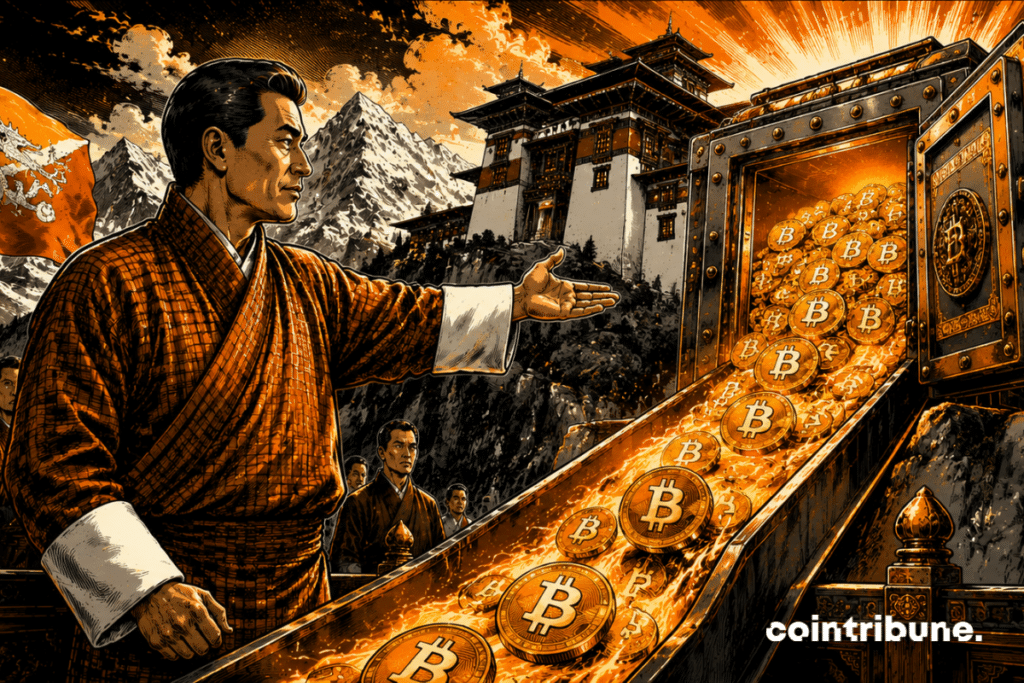 Bhutanese official oversees mass outflow of bitcoins from a sovereign vault, against a backdrop of majestic Himalayan mountains.