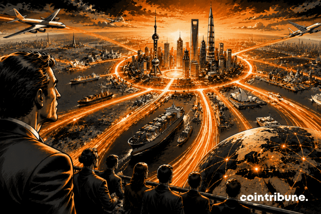 An international leader observes a global convergence towards the Yuan. Huge, bright trade routes converge on a futuristic financial city inspired by Shanghai.