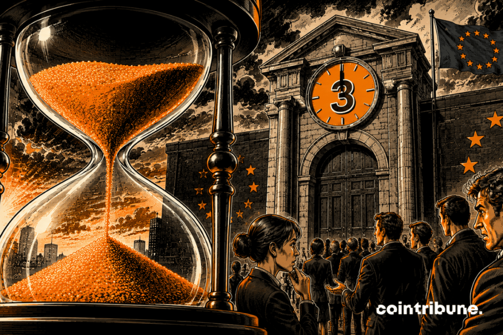 A huge hourglass symbolizes the regulatory emergency, while crypto companies wait in front of a still inaccessible European door.