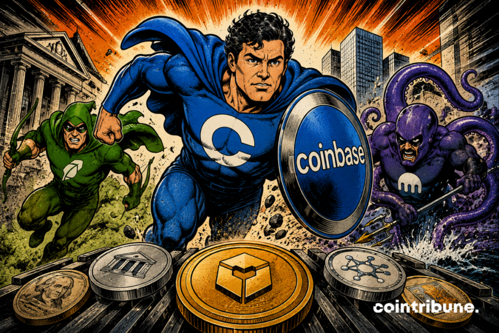 Illustration representing Coinbase in the form of a superhero carrying a shield, advancing against two competitors symbolizing Robinhood and Kraken, in a context of competition around the tokenization of shares on blockchain.