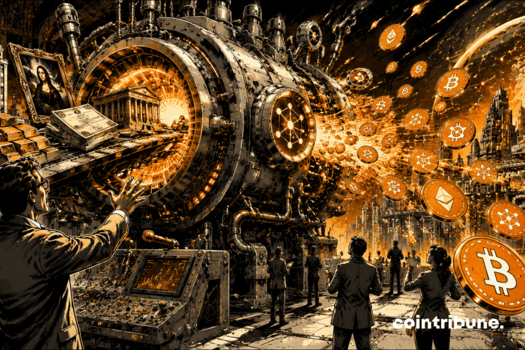 A DeFi machine transforms traditional assets into digital tokenization tokens, illustrating the expected dramatic rise of decentralized finance.