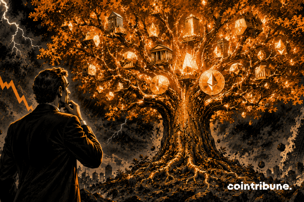 A crypto investor is at the foot of a monumental tree. He looks towards the top. The gigantic tree is made up of tokenized financial assets and structures.