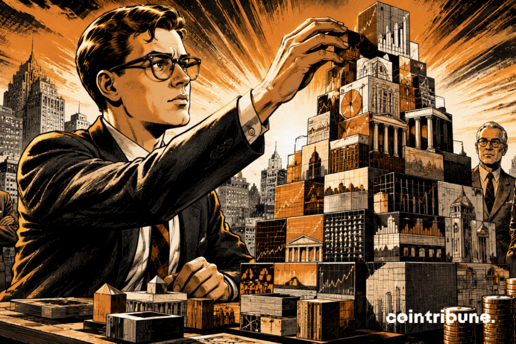 An investor inspired by the young Buffett builds an immense financial structure. He methodically places metal blocks that form an imposing tower.