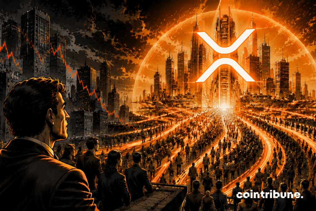 An investor observes a massive movement. A beaming futuristic XRP city attracts a huge crowd of crypto investors while other financial cities remain shrouded in shadow.