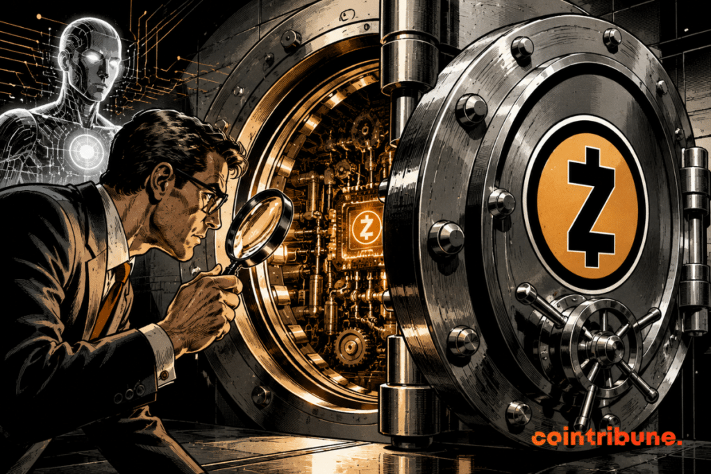 Focused listener inspecting a giant Zcash vault, while artificial intelligence discreetly observes intact and reassuring security.