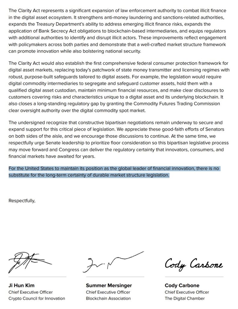 The signatories including Ji Hun Kim (CCI), Summer Mersinger (Blockchain Association) and Cody Carbone (The Digital Chamber) insist on the urgency because 67 million Americans already hold cryptos, and the absence of a clear framework slows down innovation.
