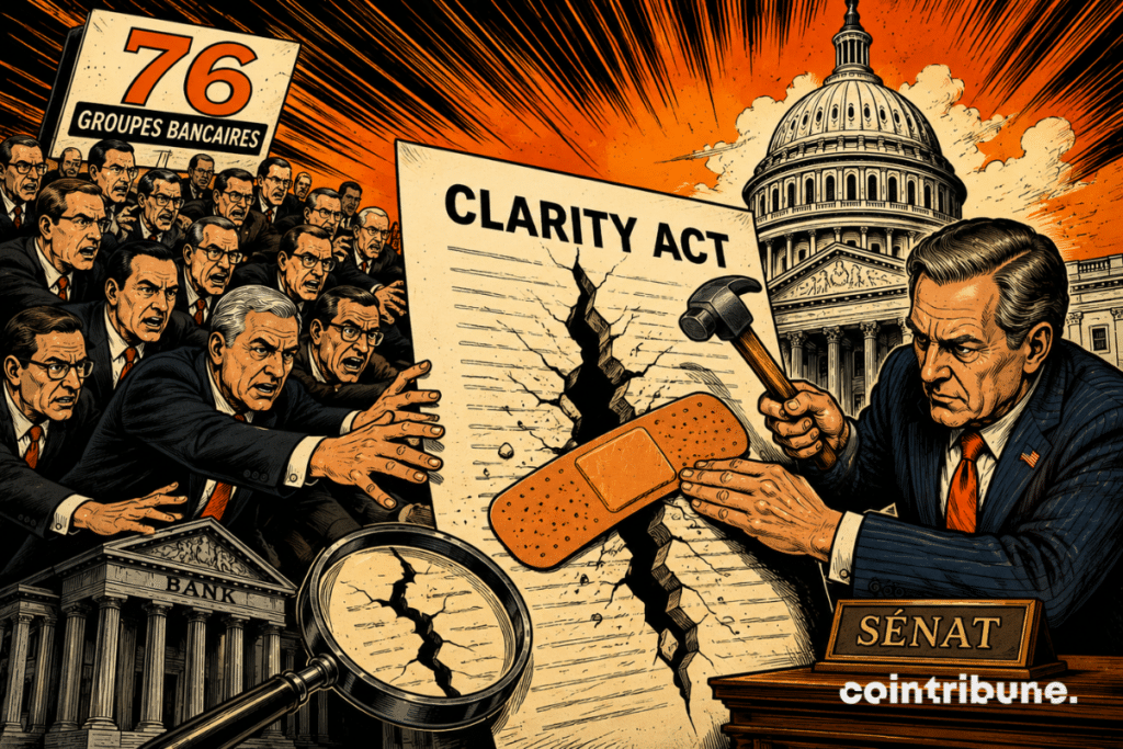 70s comic illustration of the Clarity Act: bankers put pressure on the Senate to repair a legislative loophole, Capitol in the background, tense orange atmosphere.