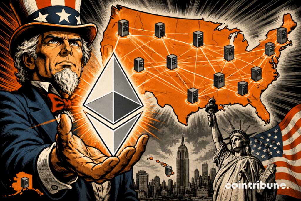 Illustration representing Ethereum in front of a map of the United States connected by servers, symbolizing the concentration of Ethereum nodes on American territory.
