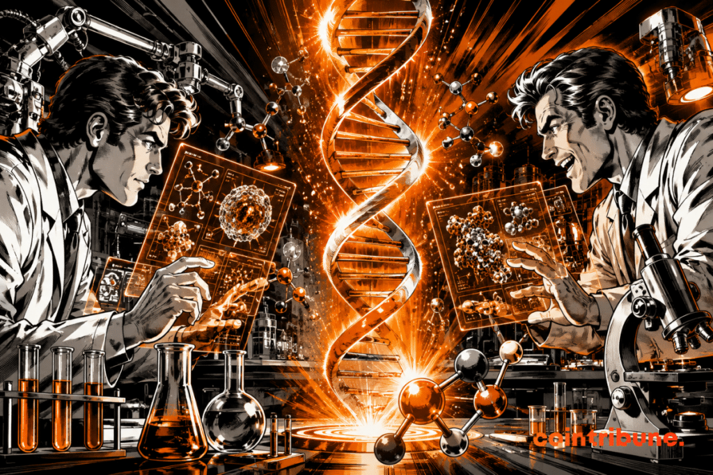 AI: Two researchers confront each other in front of a huge luminous DNA helix