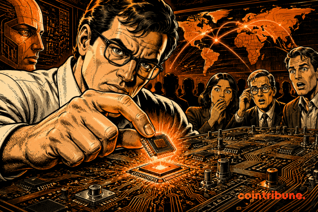 An AI engineer at Anthropic removes a controversial chip from a circuit, as surprised observers look on in a futuristic technology room.
