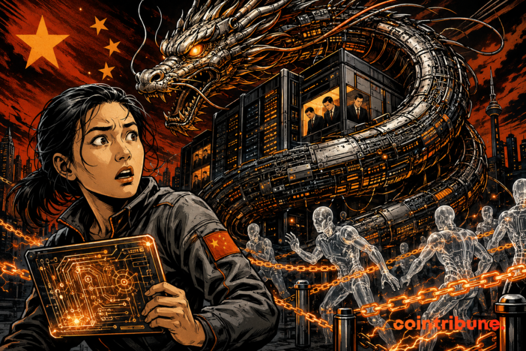 Comic book illustration of a worried engineer in front of a data center surrounded by a mechanical dragon, with AI agents blocked by orange chains.