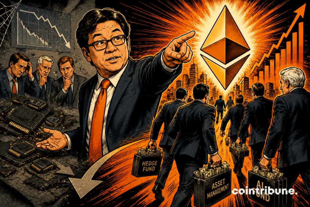 Retro comic book illustration showing investors switching from memory chips to Ethereum, a symbol of a strategic shift in artificial intelligence.