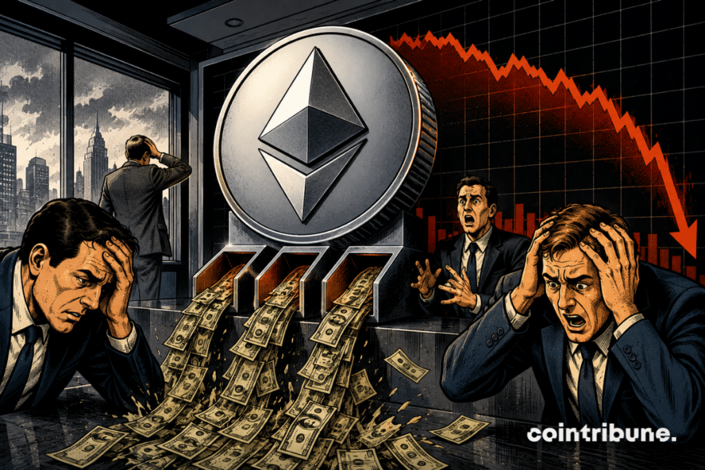 Banknotes come out of an Ethereum ATM under the worried gaze of crypto investors, symbolizing the outflow of capital from ETFs.