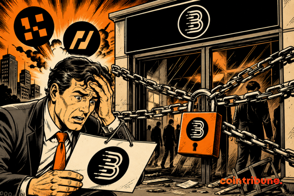 Illustration representing the closure of BitMart after BitMEX and Bit.com, with a locked exchange and an investor worried about the wave of closures of crypto platforms.