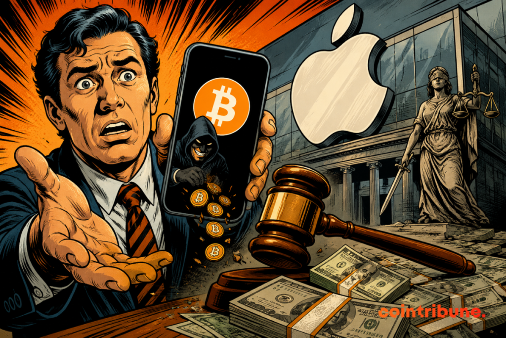 Illustration of a shocked user holding an iPhone displaying the Bitcoin logo, with the Apple logo, a hammer of justice and banknotes, symbolizing the complaint against Apple after a fraud linked to a fake Sparrow Wallet application.
