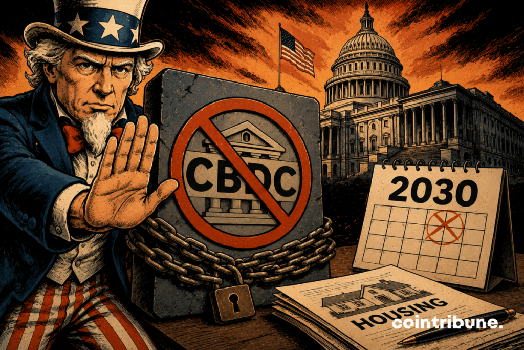 A financial symbol is blocked in front of the US Capitol, while a distant deadline fuels political tensions around digital technology.