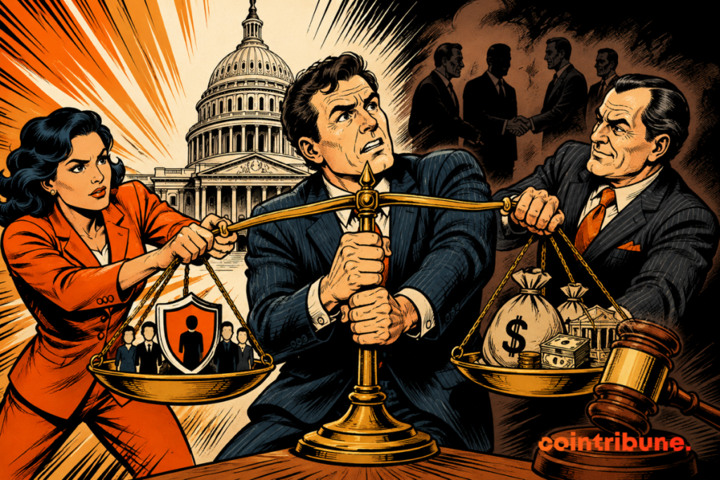 Illustration representing tensions around the CLARITY Act, with a scale pitting investor protection against financial interests in front of the US Capitol.