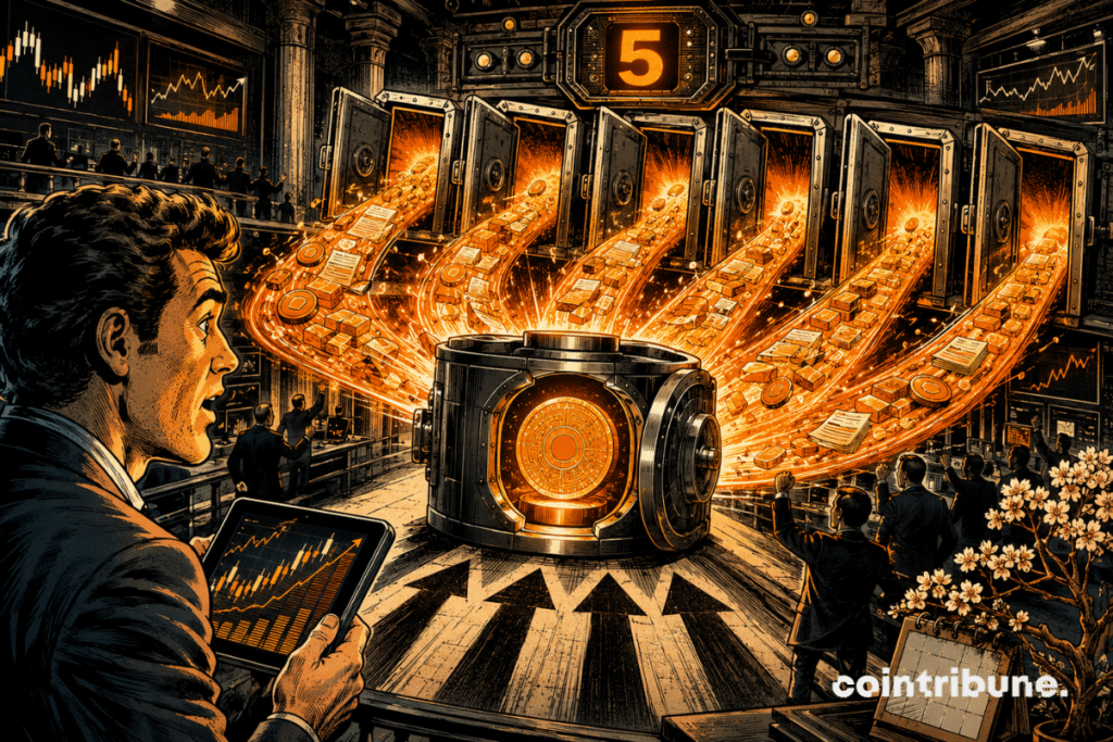 Multiple vault doors open and pour orange capital flows into a central Bitcoin vault.