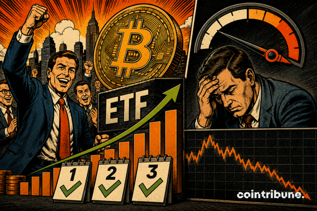 Retro comic book illustration showing Bitcoin ETFs extending their positive streak, as investor enthusiasm gradually begins to slow.