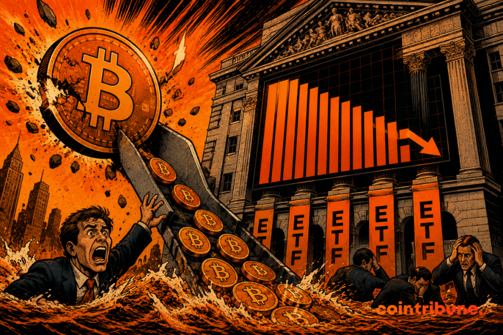 An outflow of Bitcoin coins which symbolizes withdrawals from ETFs.