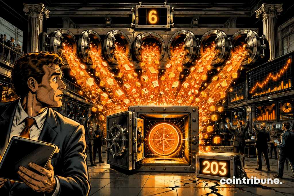 Six vault doors pour orange capital flows toward a central Bitcoin vault, near a gauge reading 203.